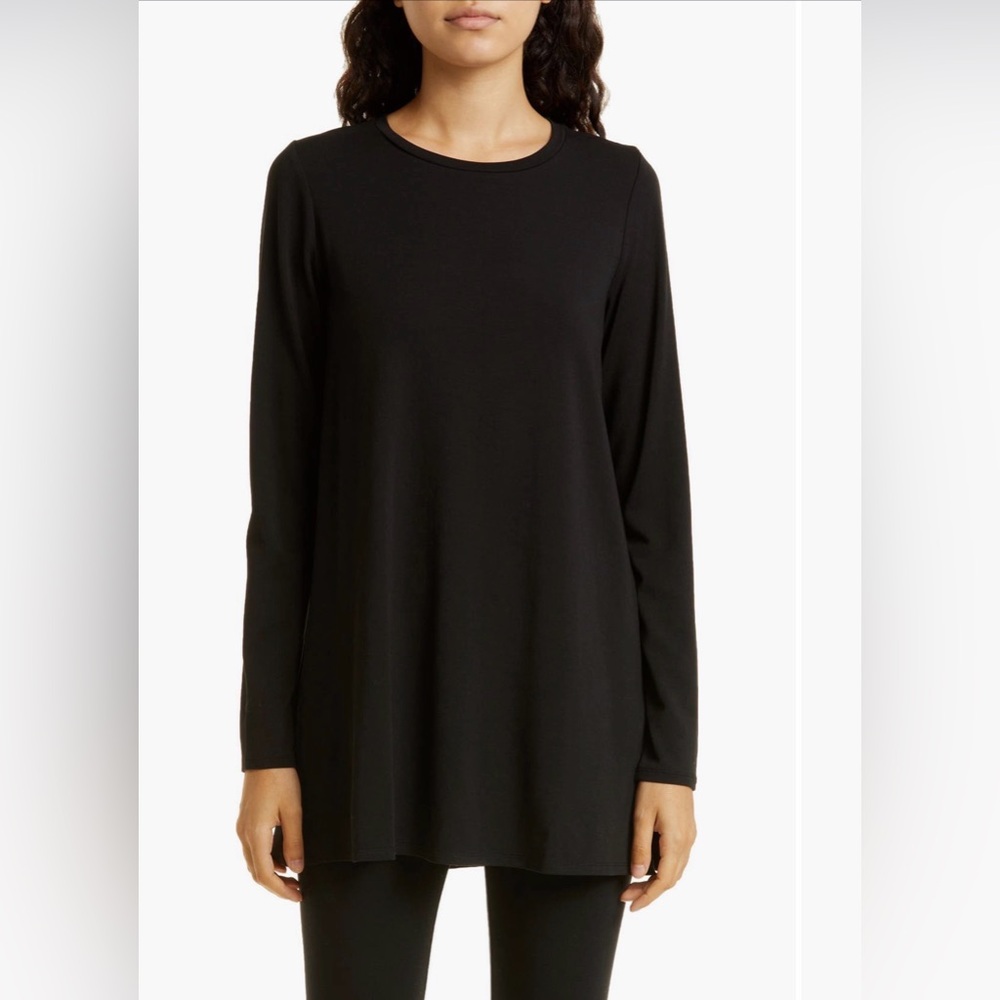 Eileen Fisher Black Crew Neck Long Sleeve Tunic Top Size Small (6-8) NEW